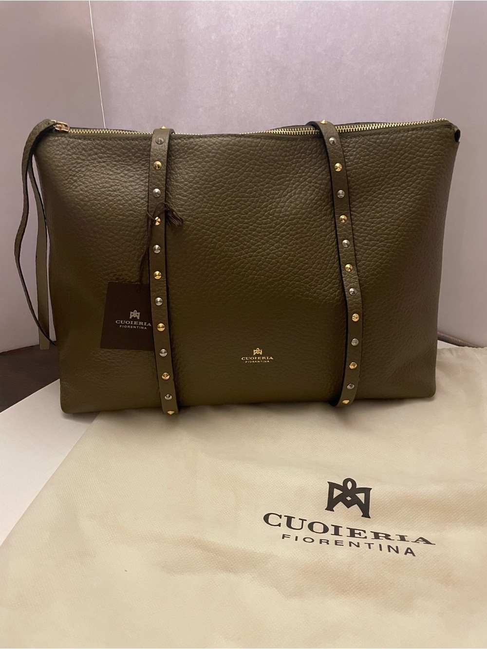 Olive Cuoieria Fiorentina Leather Stud-Trim Tote